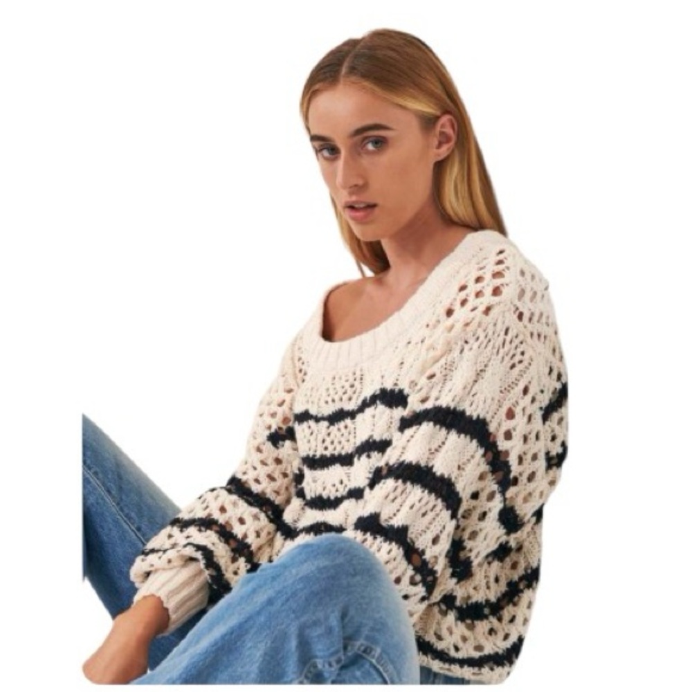 Women’s Cream Eyelet Knit Sweater with Black Stripes